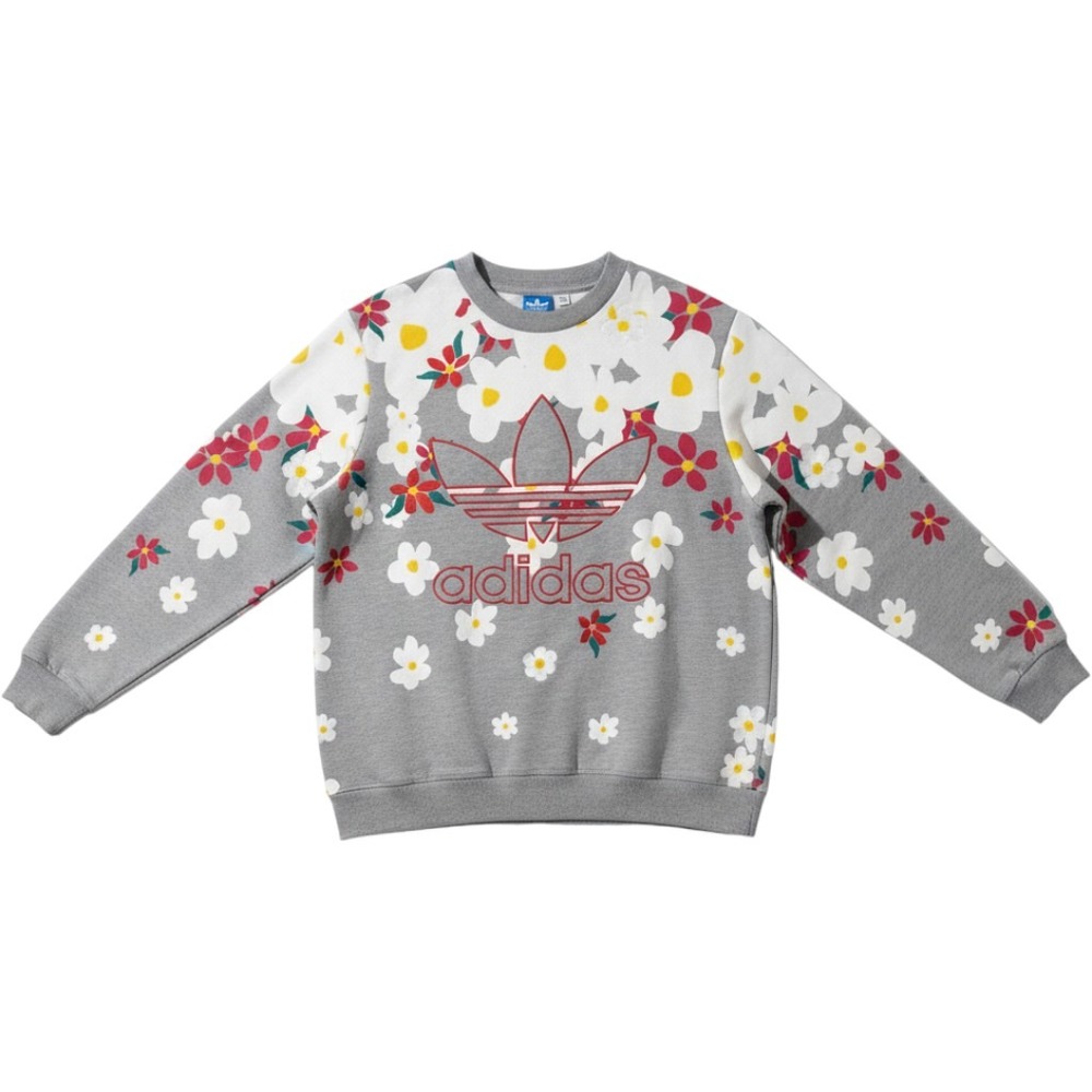Adidas+Pharrell Williams Sweatshirt Large Grey Floral Trefoil Happy embroidered